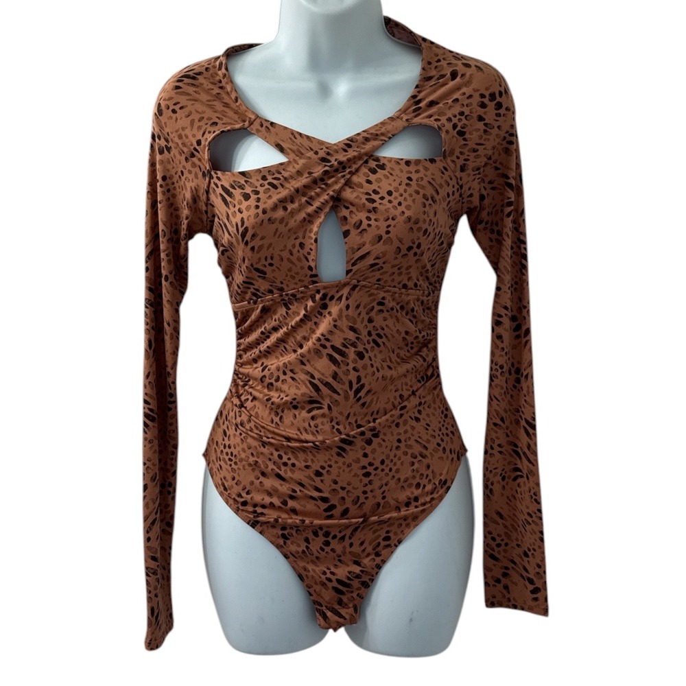 Wild Fable Womens Brown Cheetah Print Cutout Long Sleeve Bodysuit Small NWT - Picture 3 of 8